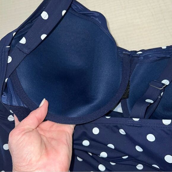 Lands End Navy w White polka dots 16W DD underwire Crossover V neck Tankini Top - Picture 8 of 10